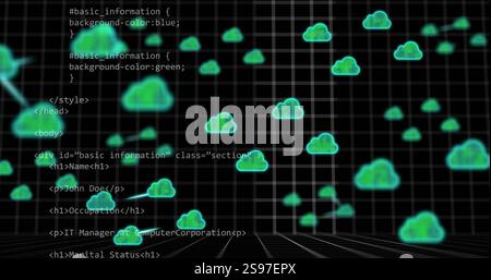 Cloud computing network image over HTML and CSS code on grid background Stock Photo
