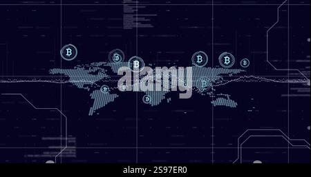 Bitcoin symbols and blockchain network image over world map Stock Photo
