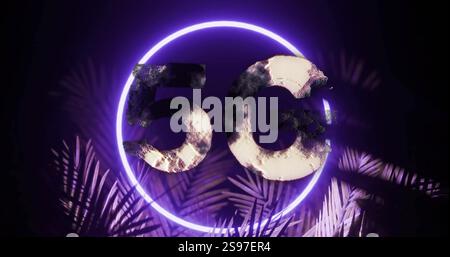 Glowing circle and abstract shapes image over dark background with palm leaves Stock Photo