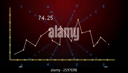 Line graph with fluctuating data points over numerical image on red background Stock Photo