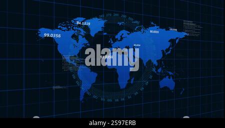 World map with numerical data and grid lines, global statistics image Stock Photo