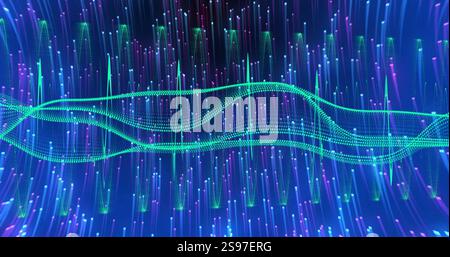 Flowing green wave image over vertical blue and purple light streaks Stock Photo