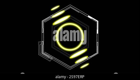 Glowing yellow circles and lines image over hexagonal geometric shapes on black background Stock Photo