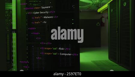 HTML code image over server room with green lighting Stock Photo