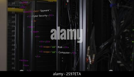 HTML code image over server racks in data center Stock Photo