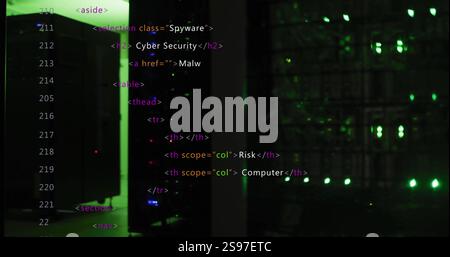 Computer code image over server room with green lights Stock Photo