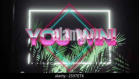 You win text image over neon geometric shapes and tropical palm leaves Stock Photo