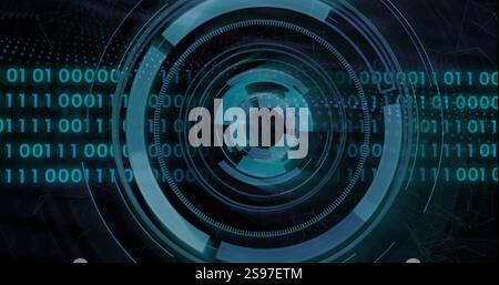 Rotating digital interface with binary code, futuristic technology image Stock Photo