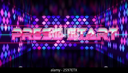 Press start text image over colorful geometric shapes and dark background Stock Photo