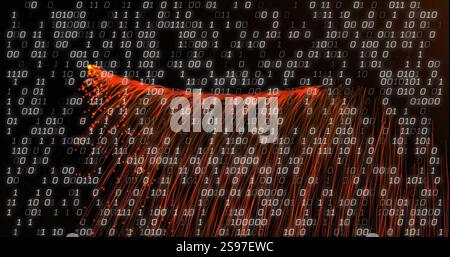 Binary code image over fiber optic cables on dark background Stock Photo
