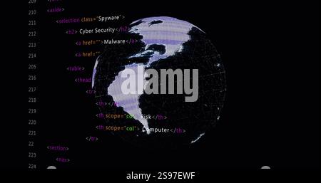Rotating globe with continents over HTML code image Stock Photo