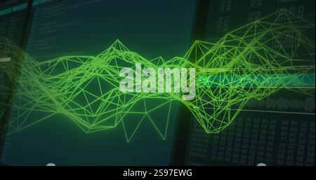 Green geometric wireframe image over digital data on dark background Stock Photo