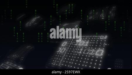 Binary code image over dark background with floating numbers Stock Photo