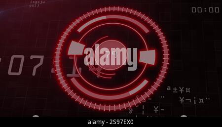 Red circular progress bar image with numbers and data processing in background Stock Photo