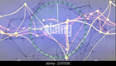 Network connections and data points image over circular graph and geometric background Stock Photo