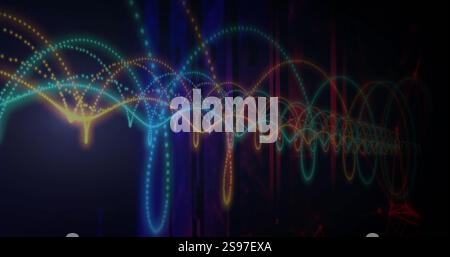 Colorful waveforms and dots image over dark background with vertical lines Stock Photo