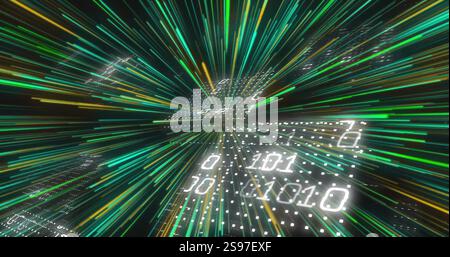 Binary code and data streams in digital matrix image Stock Photo