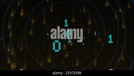 Binary code and currency symbols over digital image of concentric circles Stock Photo