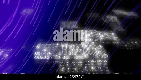 Binary code and data processing image over digital grid with purple lines Stock Photo