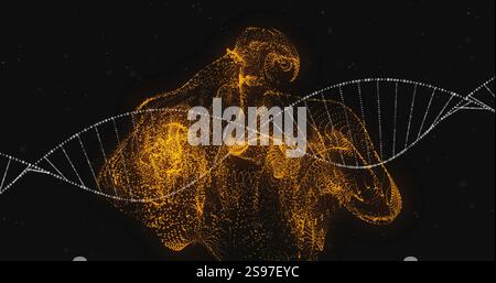 DNA strand and glowing particles, scientific data processing image Stock Photo