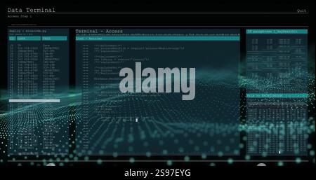 Programming code and data terminal access over digital grid and wave image Stock Photo