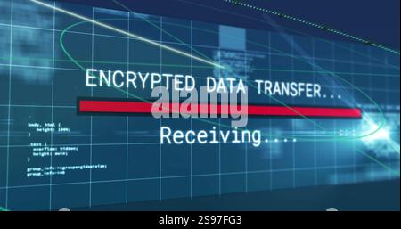 Image of digital data processing over encrypted data transfer text on black background Stock Photo