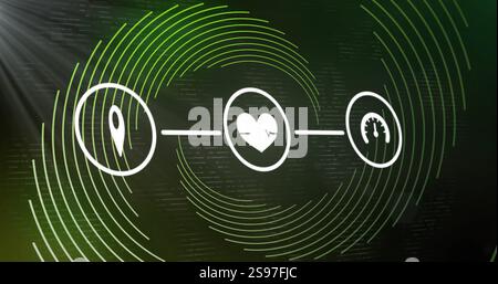 Location, heart rate, and speed icons connected over green circular patterns image Stock Photo
