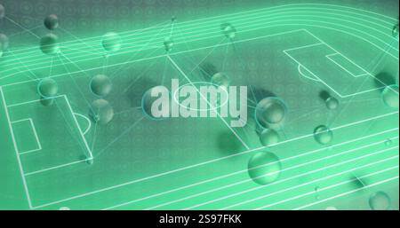 Image of network of connections over neon sports stadium Stock Photo