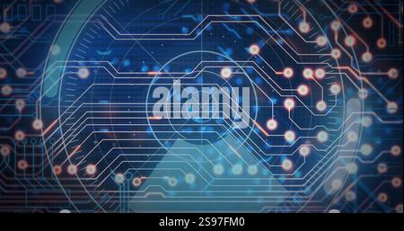 Circuit board and data flow image over blue digital background Stock Photo