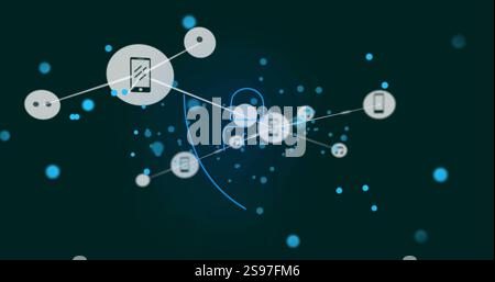 Lock and shield icon with connected media icons, cybersecurity image Stock Photo