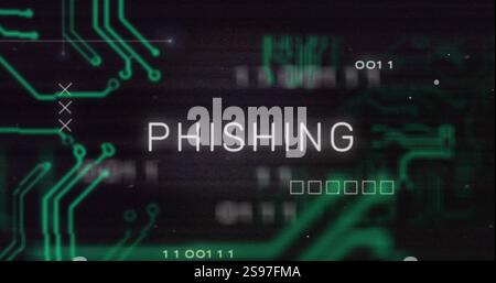 Phishing text image over digital circuit board and binary code background Stock Photo