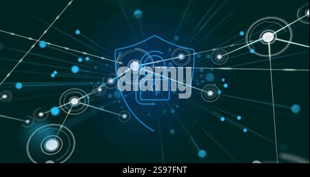 Lock and shield icon with network connections, cybersecurity image Stock Photo