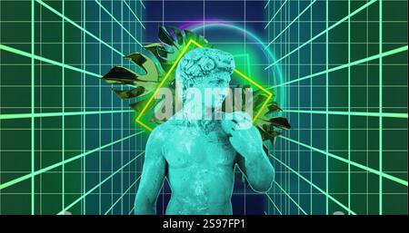 Green statue with geometric shapes and grid background, digital art image Stock Photo