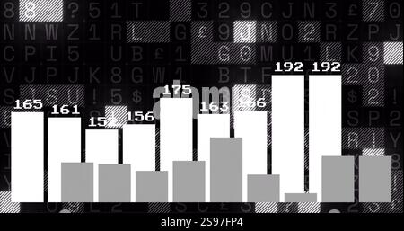 Bar chart with numerical data over random alphanumeric characters image Stock Photo