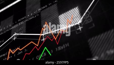 Financial data graphs and coding image over black background Stock Photo