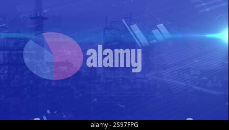 Pie chart and world map image over cityscape with financial data Stock Photo