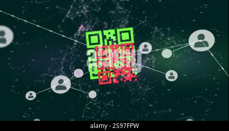QR code and user icons connected by lines, digital network image Stock Photo