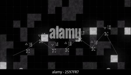 Data points and line graph over abstract black and gray grid image Stock Photo