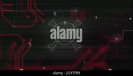 Skull and crossbones image over red circuit board and binary code Stock Photo