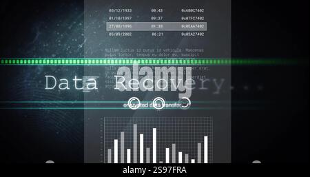 Image of encrypted data transfer over bar and line graphs with text Stock Photo