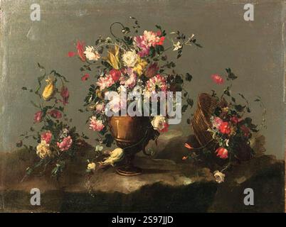 Guardi - Atttributed to - Pink and White Roses, Tulips, Carnations and other Flowers in an Urn, Flowers in a Basket and a Bunch of Flowers on a rocky Bank, 196994. Stock Photo