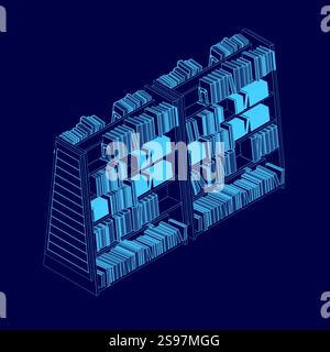 Blue bookcase with many books on it. The books are arranged in rows and the shelves are tall Stock Vector