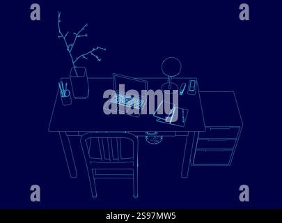 Computer desk with a laptop, a vase, a book, and a pen. The desk is blue and the laptop is open Stock Vector