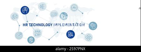 HR Technology Implementation icon set with illustration data engineering modern transformation system work planning development design outline Stock Vector