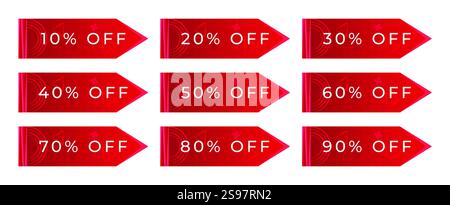 Set of red banners in arrow shapes, coupons in many percentage variations, offers from 10 to 90 percents, vector button to increase sales on your webs Stock Vector