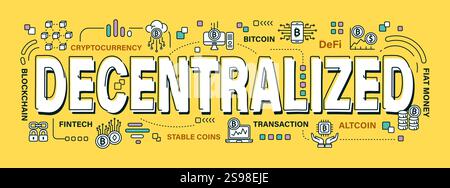 Decentralized . Word and outline icon on solid color background . Cryptocurrency concept . Vector . Editable stroke . Stock Vector