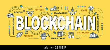 Blockchain . Word and outline icon on solid color background . Cryptocurrency concept . Vector . Editable stroke . Stock Vector
