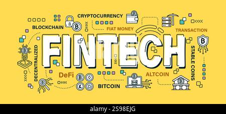 Fintech . Word and outline icon on solid color background . Cryptocurrency concept . Vector . Editable stroke . Stock Vector