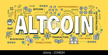 Altcoin . Word and outline icon on solid color background . Cryptocurrency concept . Vector . Editable stroke . Stock Vector
