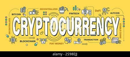 Cryptocurrency . Word and outline icon on solid color background . Vector . Editable stroke . Stock Vector